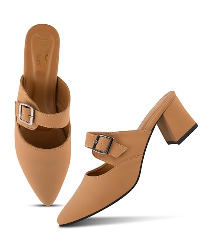 Image of JM LOOKS Sophisticated Buckle Strap Pointed Toe Mules with Contemporary Block Heel for Versatile Fashion Styling