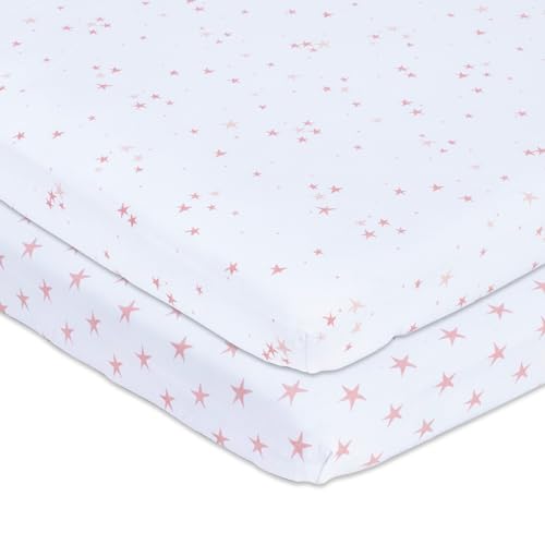 Image of Pack n Play Playard Sheet - Mini Crib Sheet 100% Jersey Cotton 2 Pack for Baby Girl-Dusty Rose and Mauve Pink Stars