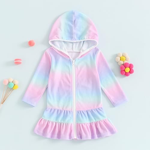 Toddler Baby Girls Swimwear Cover Up Kids Solid Color Ruffled Swimsuit Zipper Long Sleeves Beach Dress2