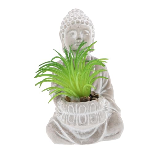 MOTHNUR Outdoor Buddha Statue Aus Cement Mit Fake Pflanzen Kleine Buddha Figur Für Garten Und Schreibtisch Wetterfeste Deko Für Innen Und Außen Pflanzen Dekoration