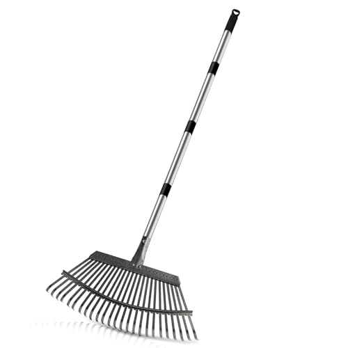 Vtuesxn レーキ 芝生 熊手 ガーデンレーキ 25本爪 4段階調節 長さ調節が可能 92cm-184cm 軽量 ステンレス鋼 吊り下げ式げ収納 落ち葉集め 落ち葉掃除 き園芸/芝生/草刈り/庭/草用具 ガーデン 庭掃除（黒色のグリップ）