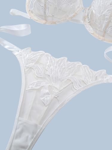 Image of Lilosy Sexy Tie Side Cute Underwire Push Up Strappy Embroidered Mesh Sheer Lingerie Set