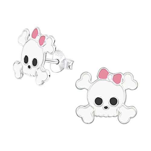 925 Sterling Silver Small Skull & Crossbones w/Pink Bow Stud Earrings 25195