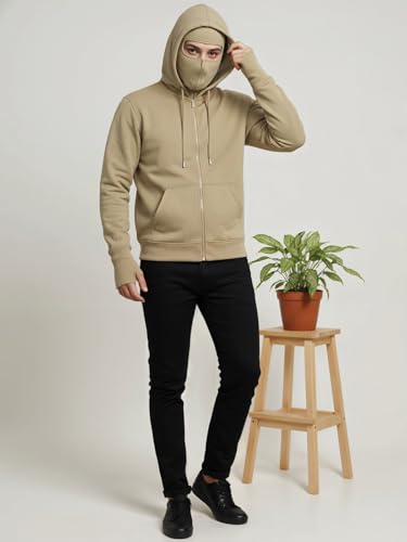Image of ADRO Men Balaclava Hoodies | 320 GSM Soft Cotton Zipper Hoodie | Thumb-Hole Cuff Gloves | Travel Jacket with Hood | Winter Sweatshirt
