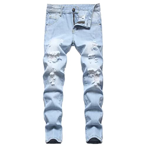 Little Boys Skinny Fit Ripped Destroyed Distressed Jeans Kids Slim Denim Pants, Light Blue, Size 8