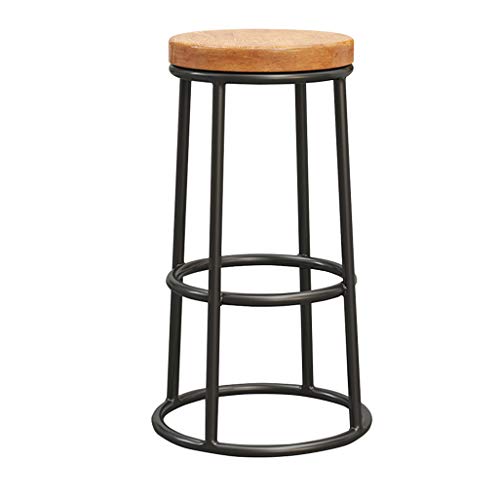 Taburetes de bar industriales con asiento redondo de madera y reposapiés de hierro, taburetes altos para cocina y cafetería, patas de metal, capacidad de carga de 200 kg, acabado de madera natural