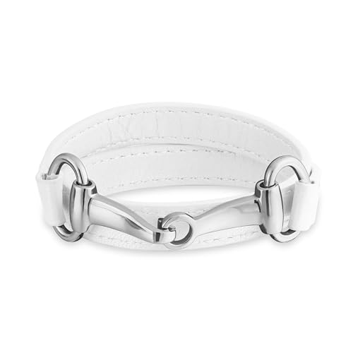 Bling Jewelry La Mode Blanche Bracelet En Cuir Véritable Pour Femmes Avec Double Couche De Mors De Cheval Équestre Fr-Auction Argent Ton Inox