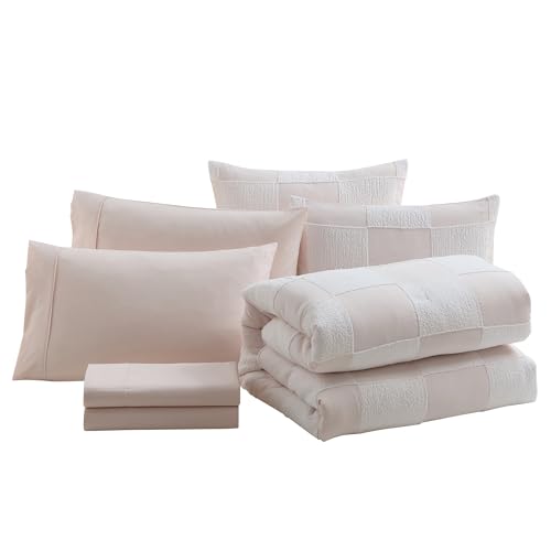 Image of Kids Comforter Set Bedding Set Bed in a Bag for Boys and Girls Toddlers Printed Sheet Set and Comforter, Full, Chenille Checkered Blush Pink