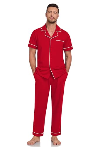 Image of COLORFULLEAF 100% Cotton Mens Pajamas Set Short Sleeve Loungewear with Long Pants Button Down Sleepwear Soft Comfy Pj for Men