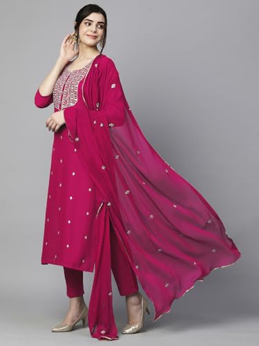 GoSriKi Women’s Cotton Blend Embroidered Kurta Set with Pant & Dupatta – Straight Calf‑Length, 3/4 Sleeve, Round Neck – Elegant Ethnic Attire (5 Colors, S–5XL)