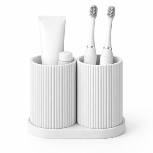 Bathora Doppel-Zahnbürstenhalter aus 3D-Druck Minimalistischer Zahnputzbecher mit 2 getrennten Fächern Hygienischer Bad Organizer Stabil & Leicht zu Reinigen Für Bad & Gäste-WC (Weiß)