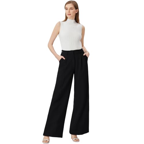 Wide Leg Pants | High Waisted Trousers with Pockets | Comfortable Work & Business Casual Pants - Women's Sizes Summer Black2