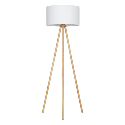 Briloner Leuchten 1379-016 Lampadaire intérieur moderne en bois avec abat-jour en tissu blanc – Douille E27, 60w max. – Lampe au sol pour le salon ou la...
