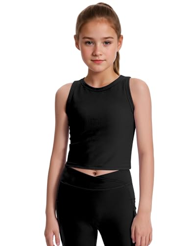 JOCMIC 2 Pack Girls Tank Tops Kids Athletic Tanks Basic Ribbed Knit Crew Neck Cropped Tops for Sports Yoga2