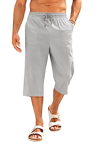 PASLTER Men's Linen Capri Pants Casual Lightweight 3/4 Pants Elastic Waist Drawstring Beach Yoga Shorts with Pockets