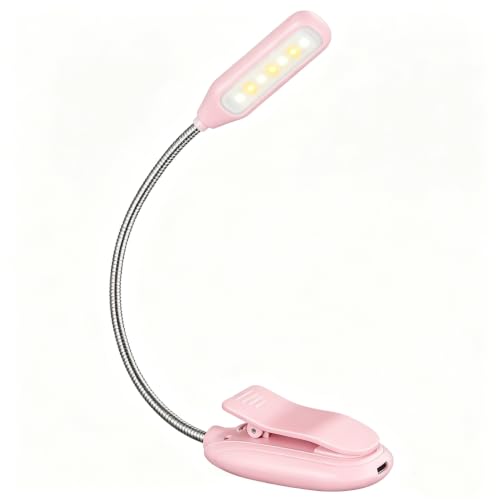 Image of Book Light, Rechargeable Reading Light 7 LED Easy Clip on Reading Lamp, 3 Color Temperature, Clip on Reading Lights for Books in Bed,Portable Task Lamp (Pink)