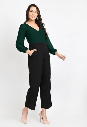 Image of V&M Women's Black V-Neck Jumpsuit | Full Sleeve Straight-Leg One-Piece with Side Pockets | Elegant Western for Office, Party & Evening Outfits