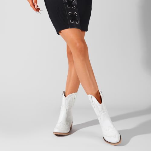 Image of Rhinestone Ankle Cowboy Boots for Women Embroidered Short Cowgirl Boots with Low Heel Side Zipper Comfortable Chunky Heel Western Booties for Prom Party Wedding Pull On Shoes