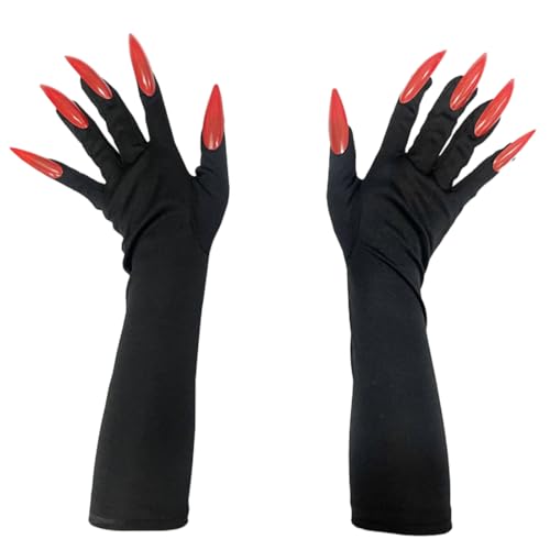 VYIBPDY 1 Paar Halloween Lange Rot Fingernägel Handschuhe Party Kostüm Lange Nägel Geisterpfote Hexe Teufel Pfote Handschuhe für Kostüm Halloween Party Cosplay (Schwarz)