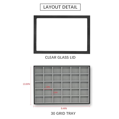 Image of Wudygirl Jewelry Organizer 30 Grid Jewelry Tray with Lid Earring Holder Organizer for Women Ring Earring Bracelet Holder Storage (Pu Black Gray)