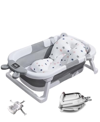 Bañera plegable para bebés con indicador de temperatura en tiempo real, cojín de natación y drenaje, bañera de viaje portátil para recién nacidos y niños pequeños (0 – 36 meses), ahorro de espacio