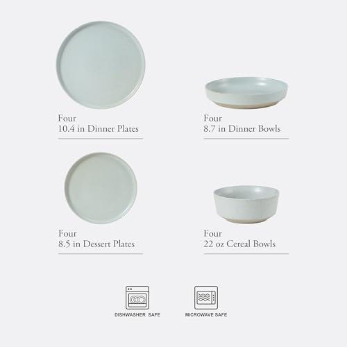 Image of Gibson Elite Overbrook 16-Piece Pottery Clay Stoneware Dinnerware Set - Light Blue Reactive Glaze, Stackable Plates and Bowls w /Pasta Bowl, Service for 4 - Microwave & Dishwasher Safe