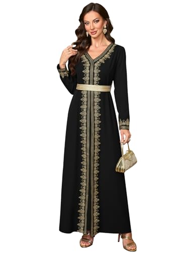 Embroidery Abayas for Women Muslim Moroccan Floral Maxi Kaftan Dress Arabic Islamic Dubai Robe Ramadan Prayer Clothes(Black, M)