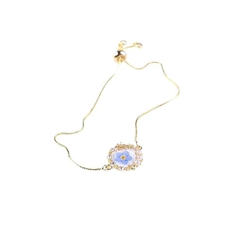 Forget-Me-Not Bracelet for Women, Pressed Flower Bracelet Jewelry with Imitation Pearls and Stars Decoration, Personalized for Her Resin Bracelet with Adjustable Gold Box Chain