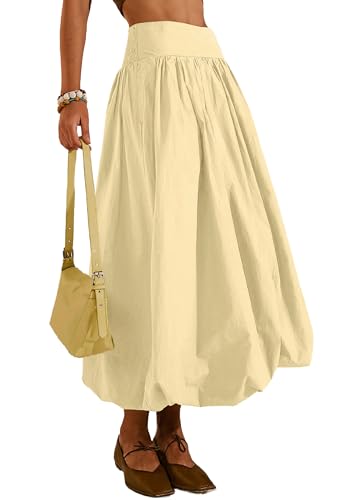 Women's Bubble Long Skirt Elastic Waist A-Line Pleated Ruffle Flowy Balloon Maxi Skirts with Pockets