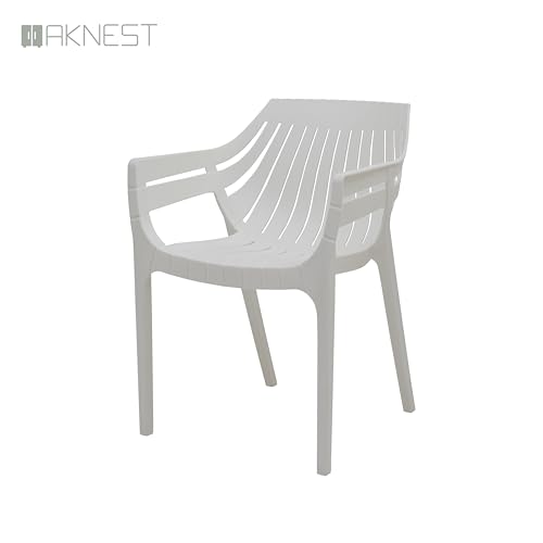 Image of OAKNEST Supreme Spectrum Plastic Arm Chair - Modern Slatted Stackable Chair for Living Room, Dining, Garden, Balcony, Restaurant & Cafe | Indoor Outdoor Designer Chair, Set of 2, Milky White