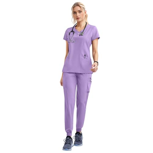 M&Catree Uniformes Sanitarios Mujer Hombre Casacas Sanitarias y Pantalón Jogger Pijama Sanitario Uniforme Enfermera - Morado Claro, M