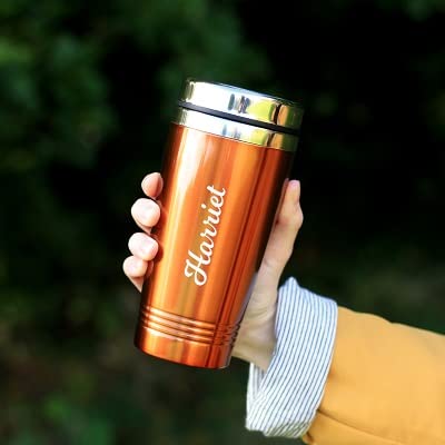 eBuyGB Personalised Travel Mug, Double Walled 450ml Reusable Drinks Flask, Insulated Travel Cup, Stainless Steel Coffee Cup (Orange)