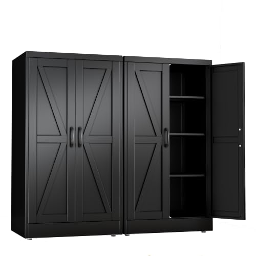 Image of Black Metal Storage Cabinet, 43 inch Kitchen Pantry Cabinets for Office | Steel Kitchen Pantry Storage with Doors and 3 Adjustable Shelves, Metal Tool Cabinet, for Office, Home, Garage, School