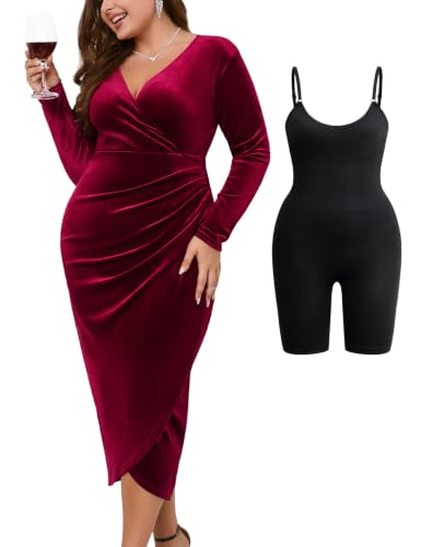 Image of ZOMVA Plus Size Velvet Wrap Dress Ruched Bodycon Dress Long Sleeves Ruffle Long Elegant Party Wedding Guest Cocktail Holiday