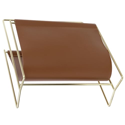 MyGift 13 inch Modern Caramel Leatherette Magazine Holder Floor Standing Sling Style Rack with Brass Tone Metal Frame