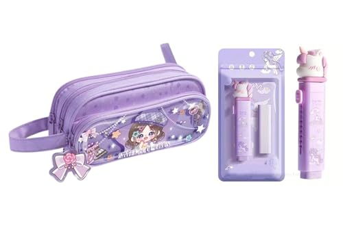 Image of Kawaii Cute Pencil Pouch with Push Pull Eraser Set for Kids,Premium Canvas Zipper Stationery Organizer Box with Cartoon Design | School Supplies Gift Combo for Boys & Girls (Cool Nini + Eraser)