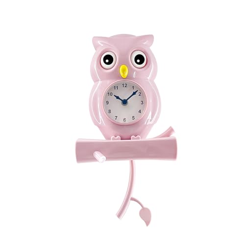 Lily's Home Horloge murale à pendule en forme de hibou rose avec yeux tournants, branche oscillante, montage mural, décoration de chambre à thème, horloge...