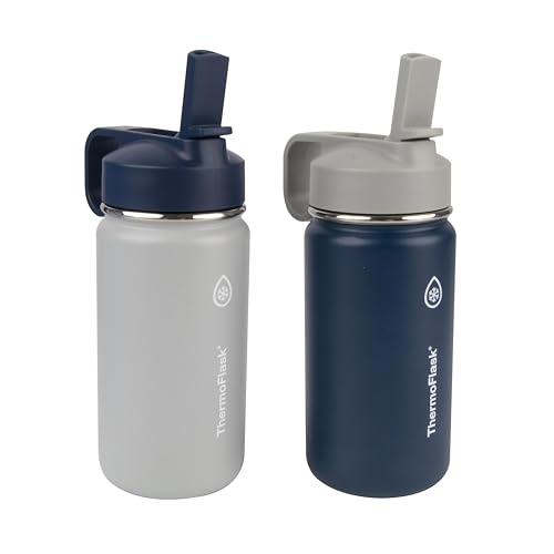 Image of ThermoFlask Kids 14 oz Insulated Water Bottles with Straw Lid BPA-Free Stainless Steel Leakproof & Spill-Proof Design Easy Clean Wide Mouth 2-Pack for School, Sports, Playdates, Harbor Grey /Denim