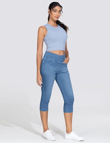 THE GYM PEOPLE Women's Cross Waisted Stretchy Capri Denim Jeggings Tummy Control Skinny Jean Leggings with Pockets4
