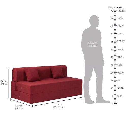 Image of Foldable Four Seater Sofa Bed 6 X 6 Ft Jute Fabric Washable Cover Sofa Cum Bed with Cushions Convertible Sofa Bed for Home (Red Color - Pre-Assembled)