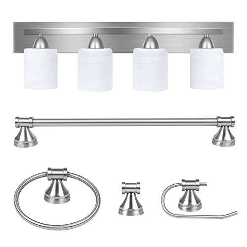 PARTPHONER 4-Light Bathroom Vanity Light Fixture, 5 Piece All-in-One Bath Sets, Bar, Towel Ring...