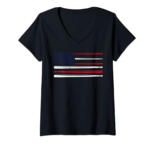 Womens American Pride Drummer Musician Drumsticks USA Flag Drums V-Neck T-Shirt, Black