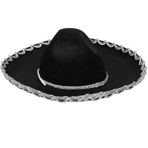 GiftExpress Black Mariachi Sombrero Hat with Silver Trim, Sombrero for Cinco de Mayo, Halloween Costume, Mexican Fiesta Costume
