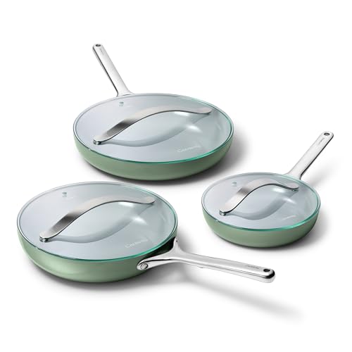 Image of Caraway 8in + 10in Fry + 12in + 8 /10 /12in Glass Lids 6pc Fry Set Sage