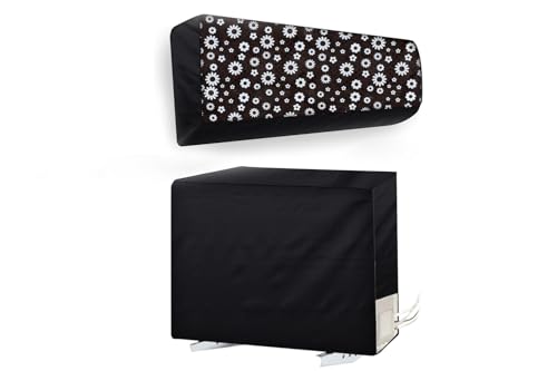 Image of The Furnishing Tree AC Cover Set of Indoor and Outdoor Unit for 1.5 ton Water Resistance & DustProof, Floral Pattern White & Black