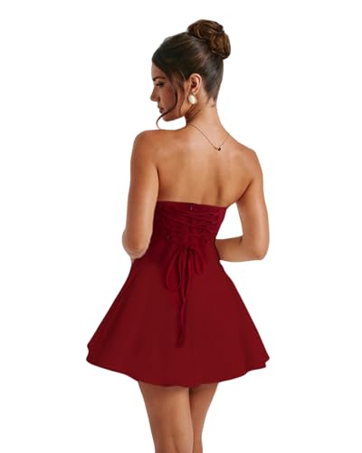 Image of JUMISEE Women's Elegant Bow Strapless Homecoming Dress A Line Swing Tube Mini Dress Short Evening Party Prom Dress