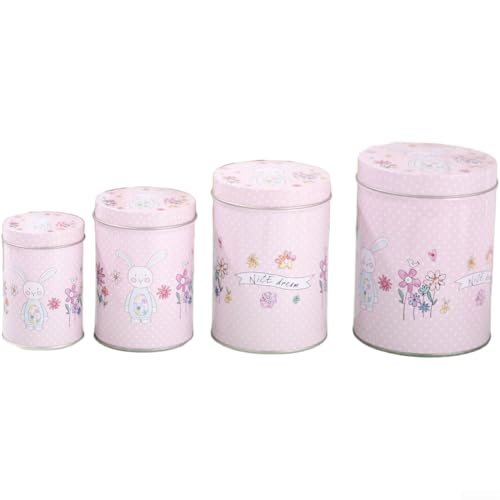 Juego de 4 latas de almacenamiento de metal de conejo de Pascua con estampado de conejo rosa, caja de dulces para fiestas, decoración del hogar, surtido de cuatro tamaños