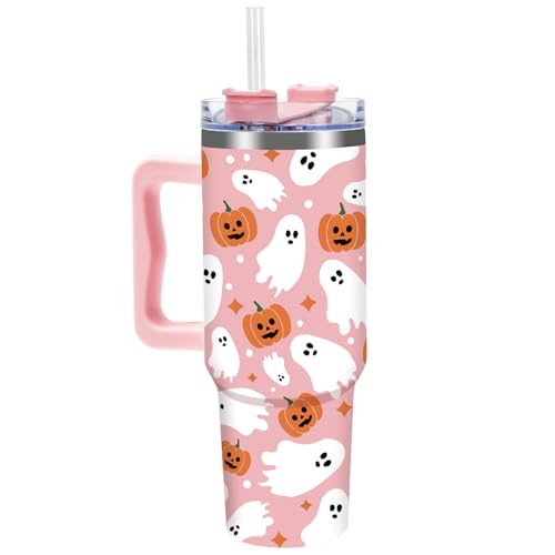 JarThenaAMCS 40oz Halloween Tumbler with Straw & Lid Pink Ghost Pumpkin Travel Coffee Tumbler Cup with Handle for Birthday Trick or Treat Party Gifts