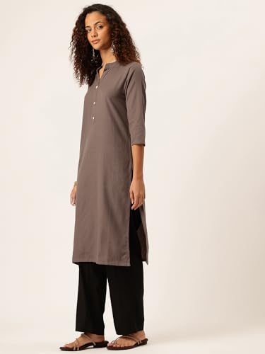 Image of feranoid Women's Plain Cotton Kurta with Mandarin Collar, 3 /4 Sleeves & Pocket