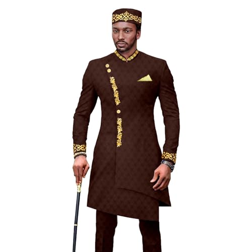 African Suits for Men Slim Fit Embroidery Jacket Pants Match Hat 3 Pcs Business Outfits